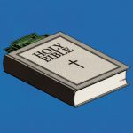 illustration of a Holy Bible with several U.S. dollar bills sticking out from its pages, set against a bright orange background