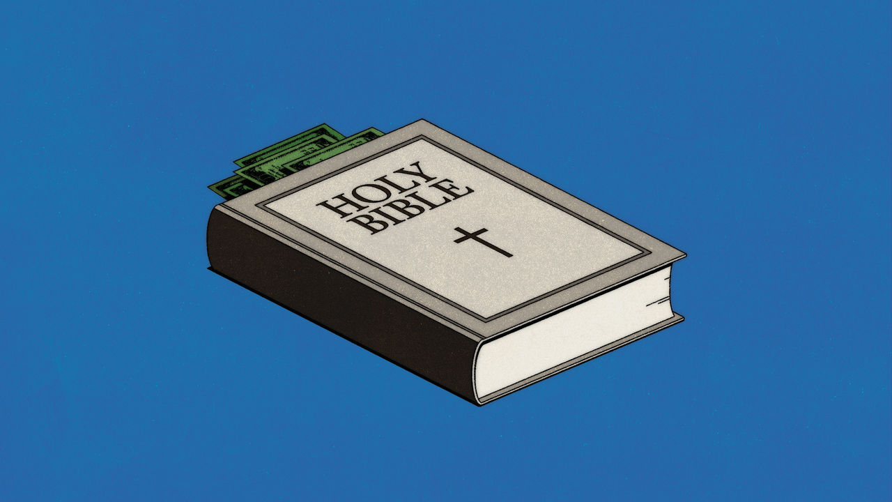 illustration of a Holy Bible with several U.S. dollar bills sticking out from its pages, set against a bright orange background