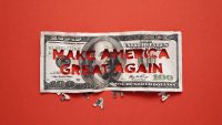 A $100 bill with 'MAKE AMERICA GREAT AGAIN' cut out of it, placed on a red background with letter fragments scattered below