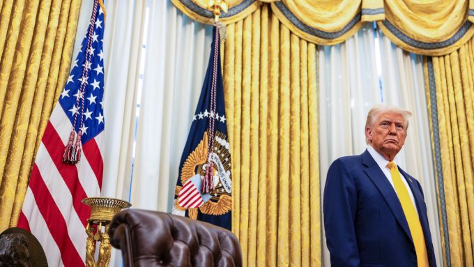 President Donald Trump speaks during a swearing-in ceremony for Commerce Secretary Howard Lutnick in the Oval Office of the White House.