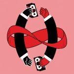 illustration of two suited arms intertwined in an infinity loop, exchanging money. One hand is red and the other black, on a pink background