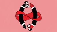 illustration of two suited arms intertwined in an infinity loop, exchanging money. One hand is red and the other black, on a pink background