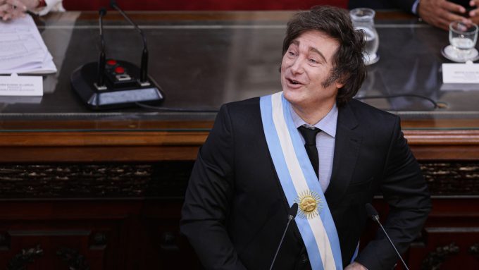 Argentine President Javier Milei smiles and looks up to his right during a session at the National Congress in Buenos Aires, Argentina.