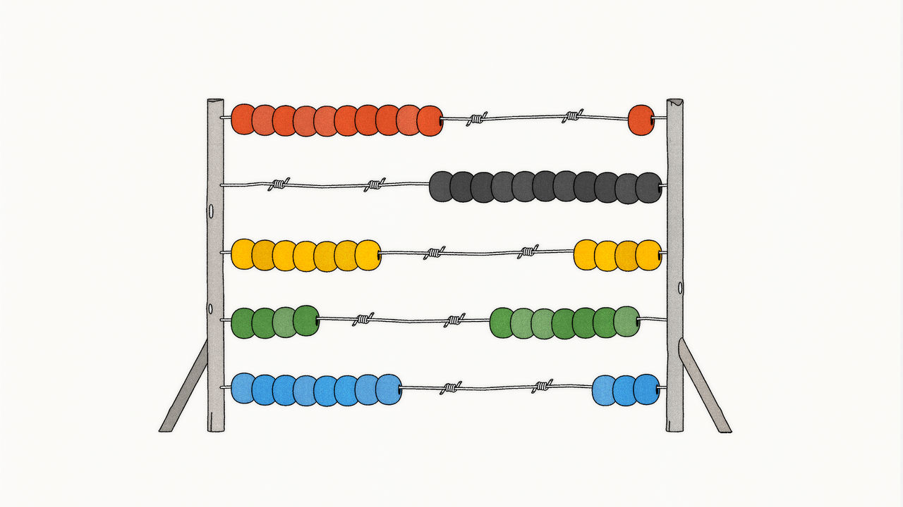 Illustration of a colorful abacus with barbed wire replacing the usual threads