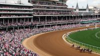 LOUISVILLE, KENTUCKY - MAY 02:  The field heads into the first turn during an undercard race ahead of the Kentucky Oaks at Churchill Downs on May 02, 2025 in Louisville, Kentucky. (Photo by Maddie Meyer/Getty Images)