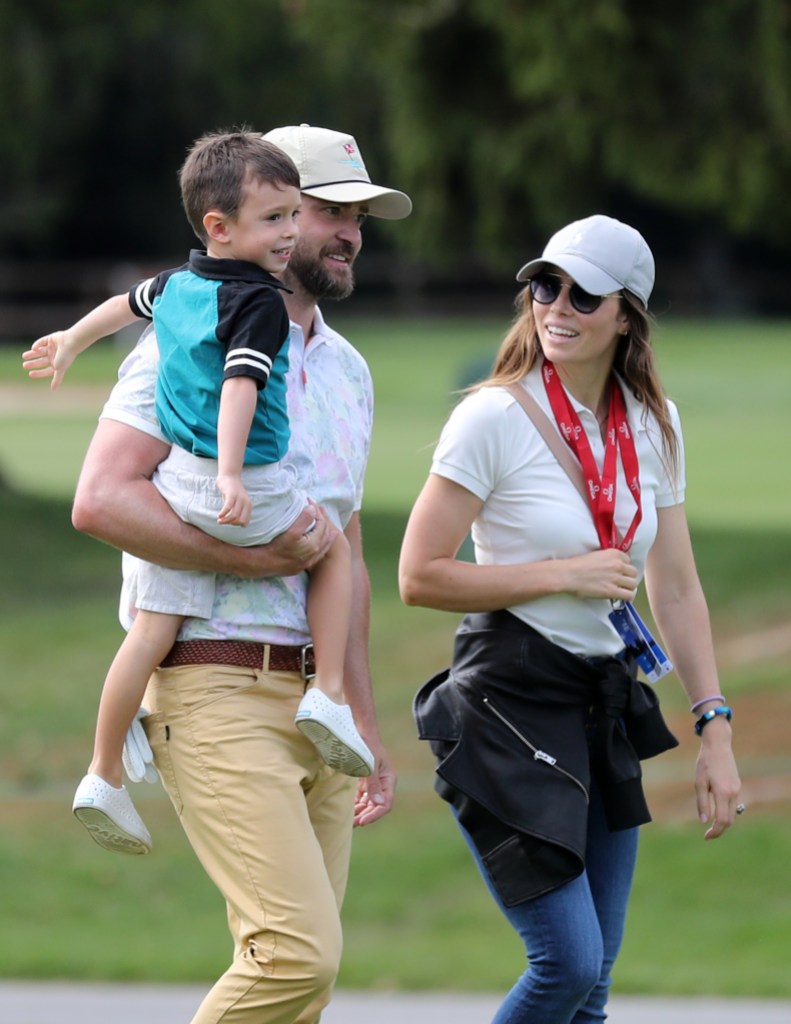 CRANS-MONTANA, SWITZERLAND - AUGUST 27: Justin Timberlake holds his son Silas next to his wife Jessica Biel ahead of the Pro-Am prior to the start of the Omega European Masters at at Crans Montana Golf Club on August 27, 2019 in Crans-Montana, Switzerland. (Photo by Stefan Matzke - sampics/GC Images)
