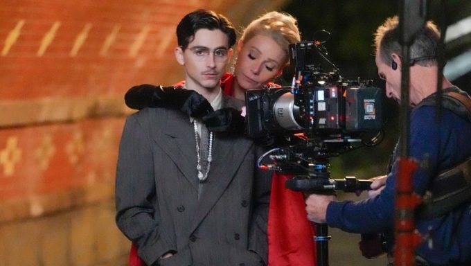 NEW YORK, NY - OCTOBER 16: Gwyneth Paltrow and Timothee Chalamet on the set of "Marty Supreme" on October 16, 2024 in New York City.  (Photo by XNY/Star Max/GC Images)