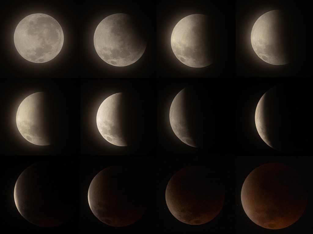 SURABAYA, INDONESIA - SEPTEMBER 08: (EDITOR'S NOTE: COMPOSITE IMAGE) A composite image shows stages of a blood moon total lunar eclipse on September 08, 2025 in Surabaya, Indonesia. A blood moon total lunar eclipse is visible across Asia, Africa, western Australia and eastern Europe. Totality will last for approximately 82 minutes. During this phase, the lunar disk will transform into a spectacular blood moon, as it bathes in the red-orange refracted light of every sunset and sunrise happening on Earth at that moment. (Photo by Robertus Pudyanto/Getty Images)