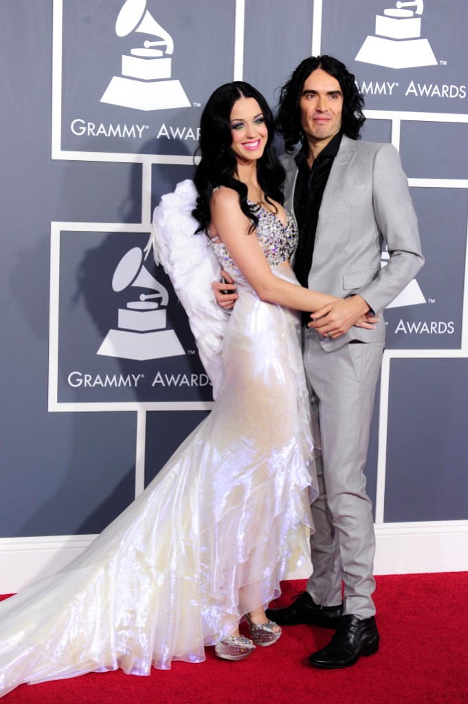 Singer Katy Perry arrives with her husband comedian Russell Brand for the 53rd annual Grammy Awards at the Staples Center in Los Angeles on February 13, 2011. AFP PHOTO / Robyn Beck (Photo credit should read ROBYN BECK/AFP via Getty Images)