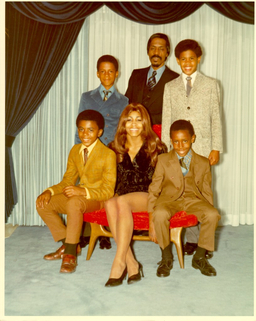 CIRCA 1972: Ike & Tina Turner pose for a portrait with their son and step-sons in circa 1972. Clockwise from bottom left: Michael Turner (Son of Ike & Lorraine Taylor), Ike Turner, Jr. (Son of Ike & Lorraine Taylor), Ike Turner, Craig Hill (Son of Tina & Raymond Hill), Ronnie Turner (Son of Ike & Tina) (1960 - 2022). (Photo by Michael Ochs Archives/Getty Images)