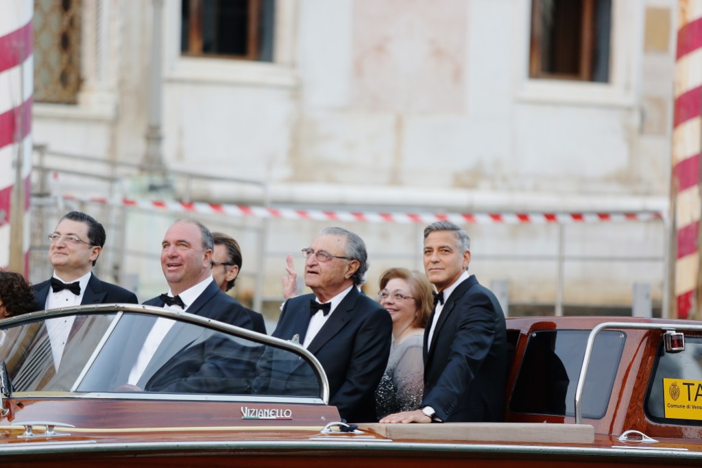 George Clooney (R) arrives at the Haman Hotel with his sister, Adelia “Ada” Zeidler (L), on September 27, 2014, in Venice, Italy. (Photo by Ernesto Ruscio/GC Images)
