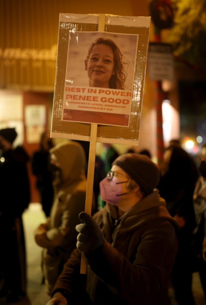 OAKLAND, CALIFORNIA - JANUARY 07: Protesters take part in a vigil for Renee Nicole Good at Fruitvale Plaza in Oakland, Calif., on Wednesday, Jan. 7, 2025. Good, a legal observer, was fatally shot by an ICE agent in Minneapolis today. (Jane Tyska/Digital First Media/East Bay Times via Getty Images)